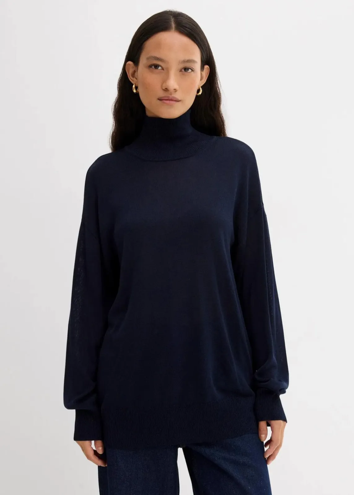 bonprix Pullover & Strickjacken|Strickmode^Leichter Feinstrickpullover mit breitem Turtleneck aus Viskose-Mix dunkelblau