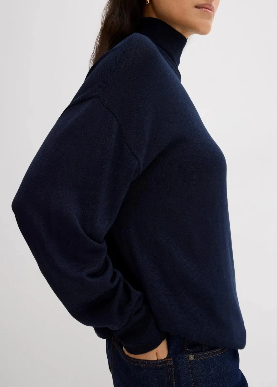 bonprix Pullover & Strickjacken|Strickmode^Leichter Feinstrickpullover mit breitem Turtleneck aus Viskose-Mix dunkelblau