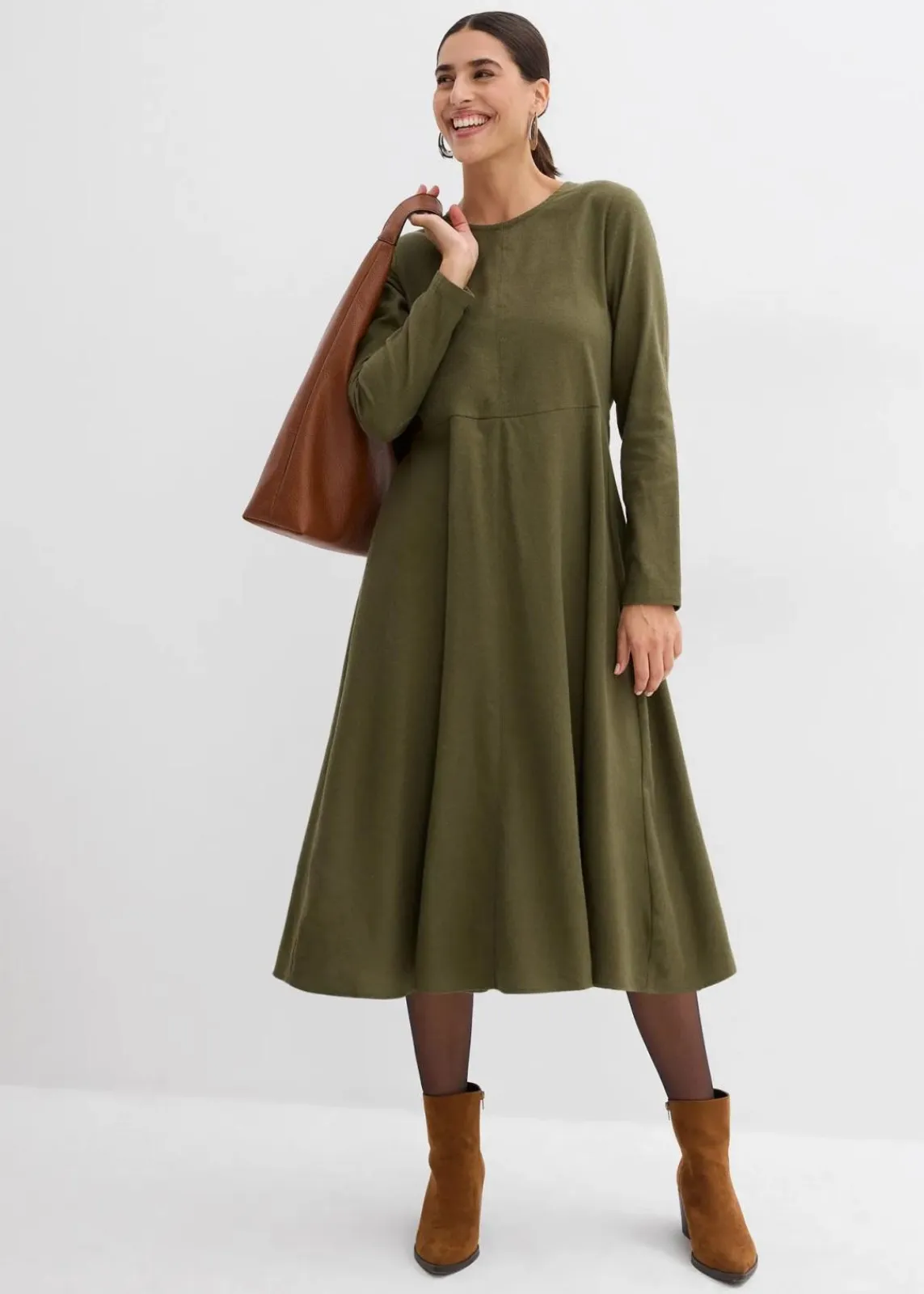 bonprix Bekleidung·Pullover & Strickjacken|Kleider^Leichtes Flanellkleid aus reiner Baumwolle dunkeloliv
