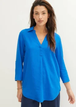 bonprix Blusen & Tuniken|Bekleidung·Jacken & Mäntel^Leinen-Bluse, 3/4-Arm azurblau