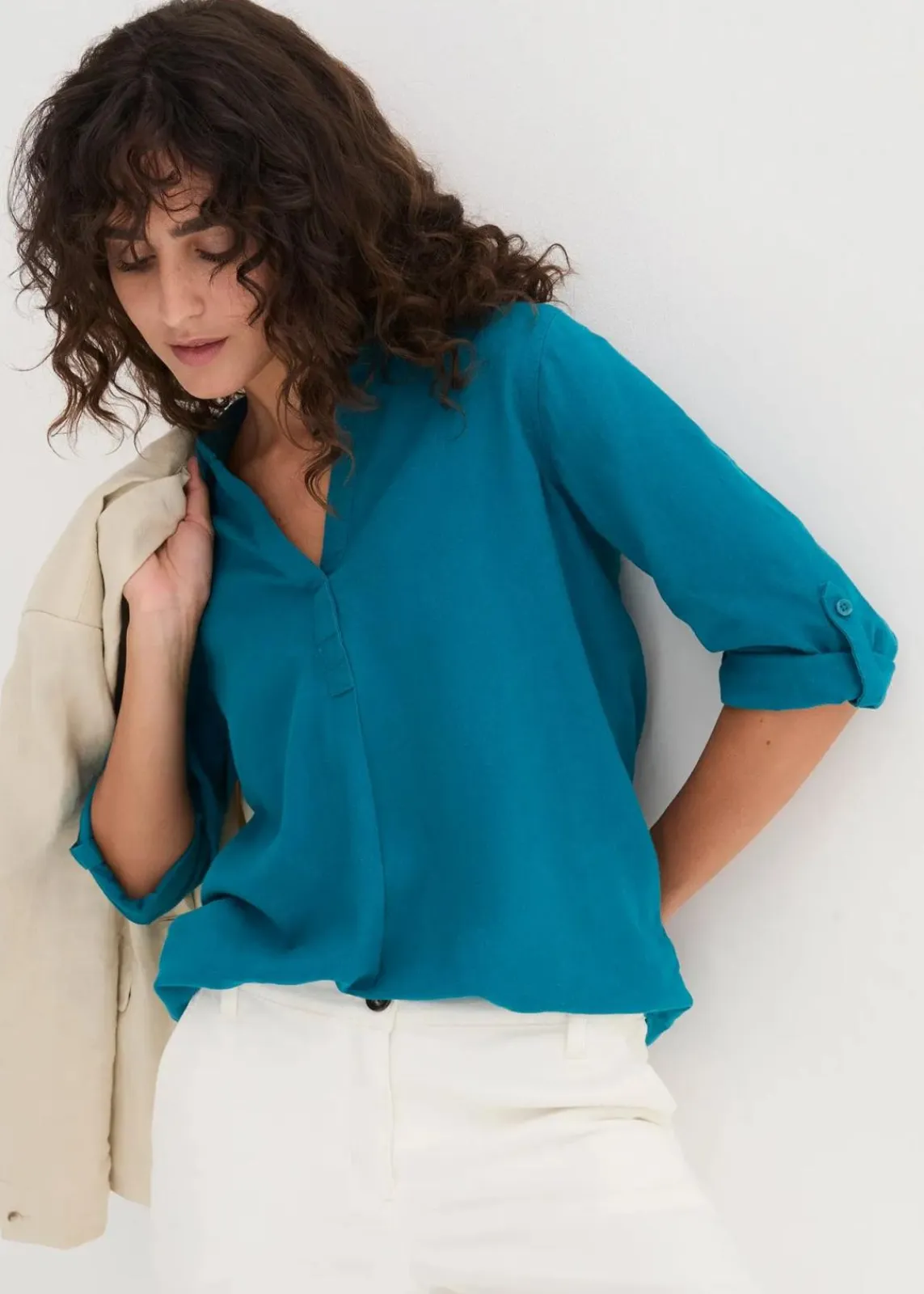 bonprix Blusen & Tuniken|Bekleidung·Jacken & Mäntel^Leinen-Bluse, 3/4-Arm meerestürkis