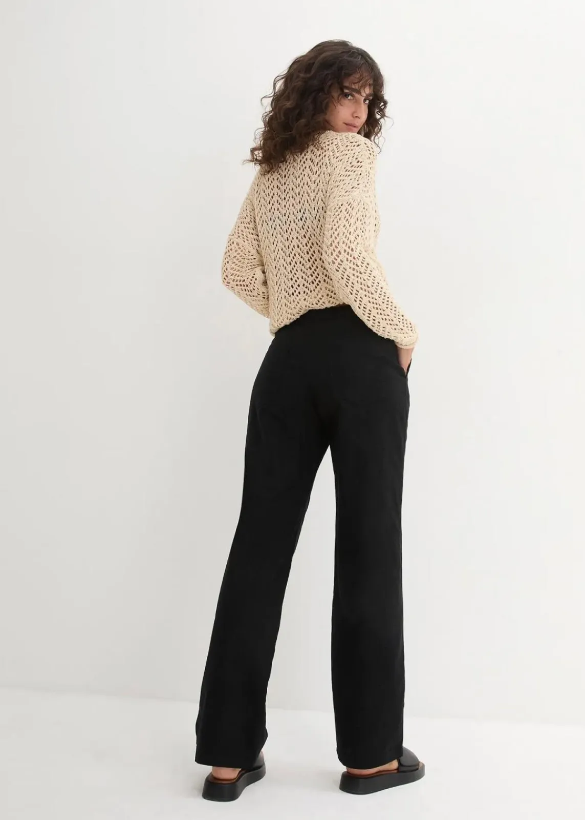 bonprix Kurzgrößen|Bekleidung·Kleider^Leinen-Hose mit weitem Bein schwarz