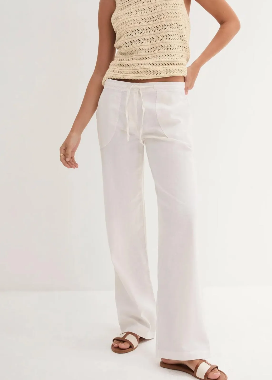 bonprix Kurzgrößen|Bekleidung·Kleider^Leinen-Hose mit weitem Bein weiß