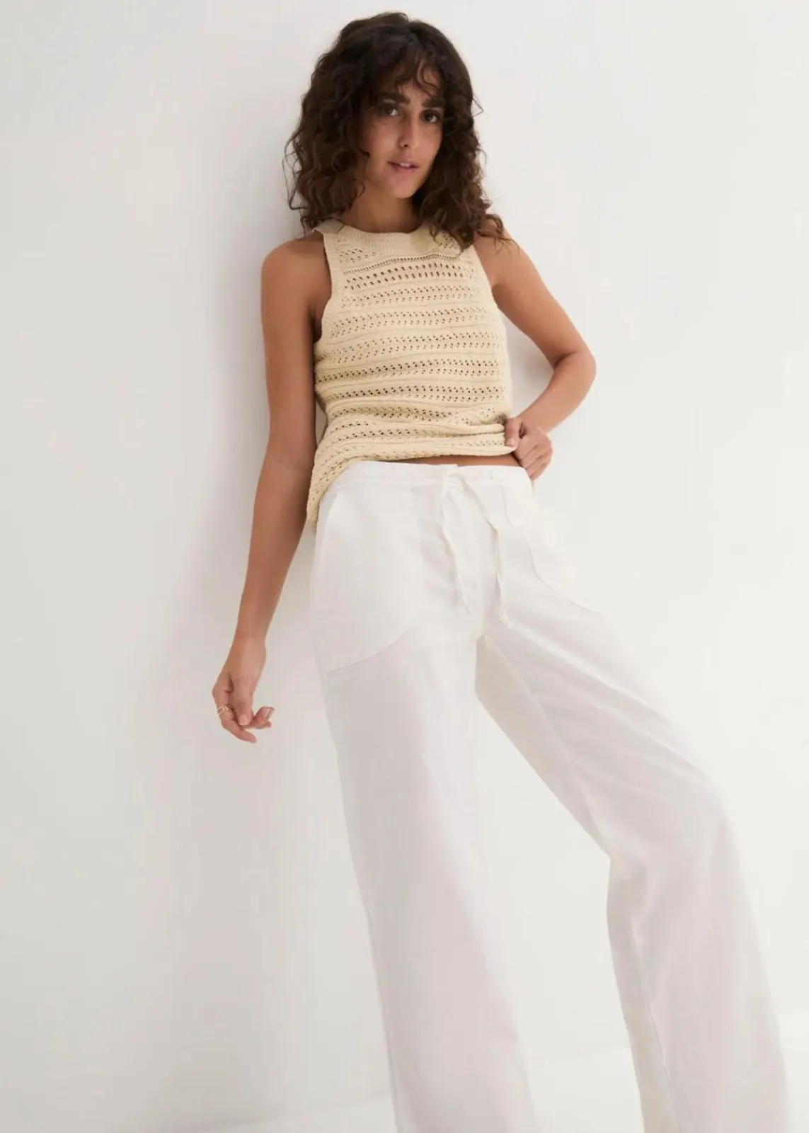 bonprix Kurzgrößen|Bekleidung·Kleider^Leinen-Hose mit weitem Bein weiß