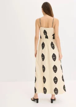 bonprix Bekleidung·Pullover & Strickjacken|Kleider^Leinen-Maxikleid aus luftigem Leinen-Mix sand/schwarz bedruckt