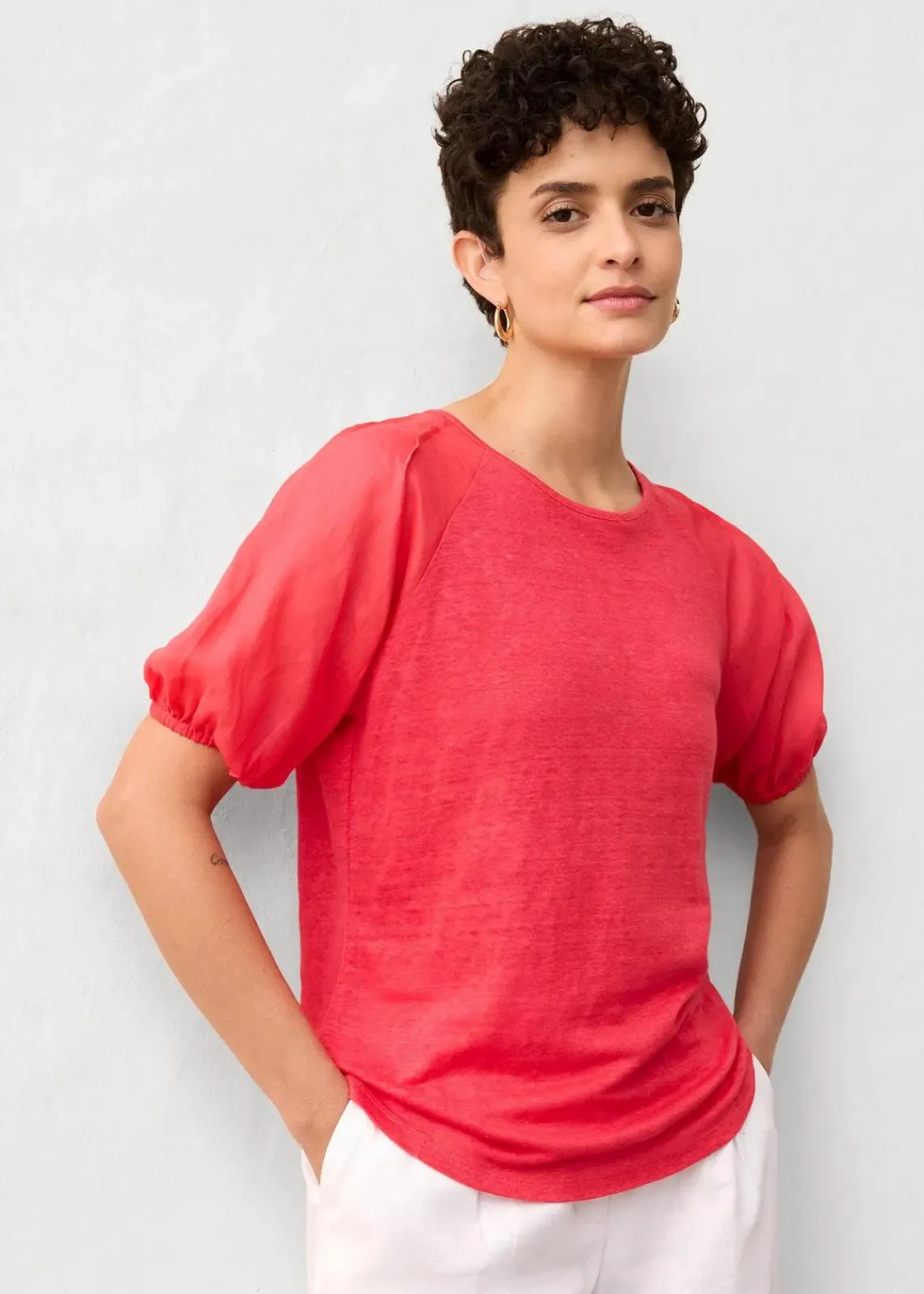 bonprix Premium|Shirts & Tops^Leinen-Shirt mit Ballonärmeln paradiespink