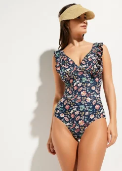 bonprix Nachhaltigere Materialien|Shapewear^Light Shape-Badeanzug mit Volants dunkelblau floral
