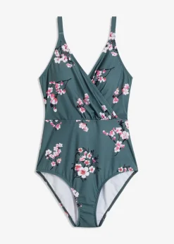 bonprix Nachhaltigere Materialien|Shapewear^Light Shape-Badeanzug mit Wickeloptik eukalyptusgrün floral
