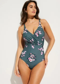 bonprix Nachhaltigere Materialien|Shapewear^Light Shape-Badeanzug mit Wickeloptik eukalyptusgrün floral