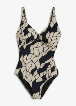 bonprix Nachhaltigere Materialien|Shapewear^Light Shape-Badeanzug mit V-Ausschnitt schwarz/beige bedruckt