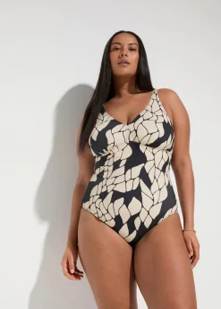bonprix Nachhaltigere Materialien|Shapewear^Light Shape-Badeanzug mit V-Ausschnitt schwarz/beige bedruckt