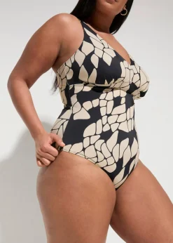 bonprix Nachhaltigere Materialien|Shapewear^Light Shape-Badeanzug mit V-Ausschnitt schwarz/beige bedruckt