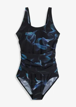 bonprix Nachhaltigere Materialien|Shapewear^Light Shape-Badeanzug mit Raffung schwarz / dunkelgrün graphisch bedruckt