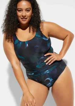 bonprix Nachhaltigere Materialien|Shapewear^Light Shape-Badeanzug mit Raffung schwarz / dunkelgrün graphisch bedruckt
