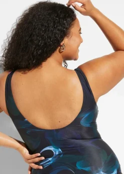 bonprix Nachhaltigere Materialien|Shapewear^Light Shape-Badeanzug mit Raffung schwarz / dunkelgrün graphisch bedruckt