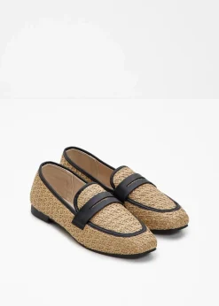 bonprix Slipper & Halbschuhe|Loafer^Loafer in Stroh-Optik beige/schwarz