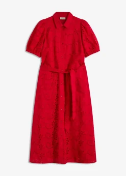 bonprix Kleider^Lochstickerei-Blusenkleid aus reiner Baumwolle tiefrot