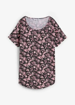 bonprix Shirts & Tops|Nachhaltigere Materialien^Locker geschnittenes Shirt aus Flammgarn mit abgerundetem Saum aus Bio-Baumwolle schwarz/zartrosa geblümt