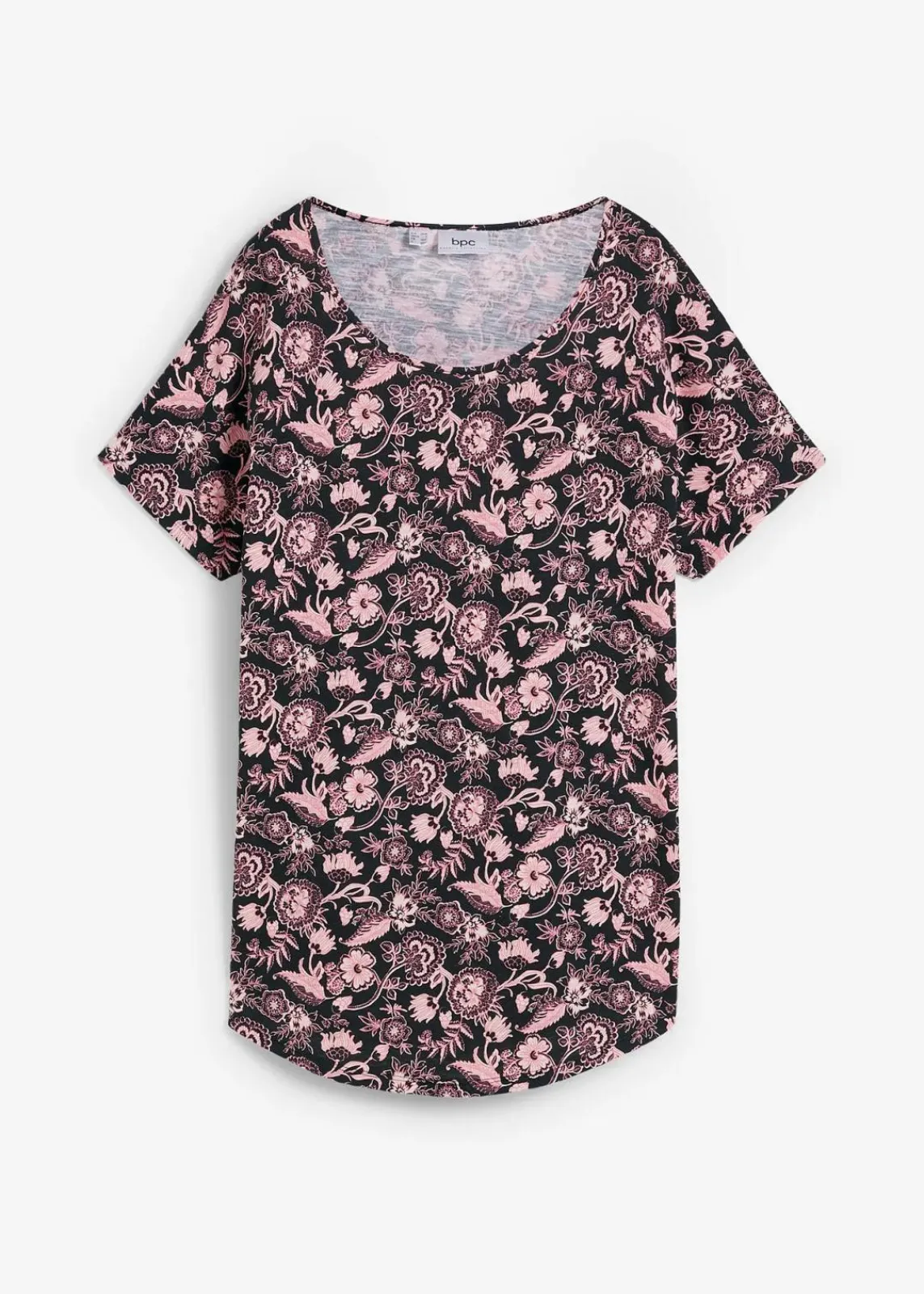 bonprix Shirts & Tops|Nachhaltigere Materialien^Locker geschnittenes Shirt aus Flammgarn mit abgerundetem Saum aus Bio-Baumwolle schwarz/zartrosa geblümt