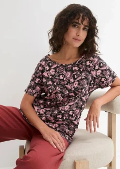 bonprix Shirts & Tops|Nachhaltigere Materialien^Locker geschnittenes Shirt aus Flammgarn mit abgerundetem Saum aus Bio-Baumwolle schwarz/zartrosa geblümt