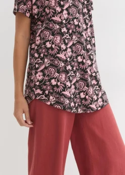 bonprix Shirts & Tops|Nachhaltigere Materialien^Locker geschnittenes Shirt aus Flammgarn mit abgerundetem Saum aus Bio-Baumwolle schwarz/zartrosa geblümt