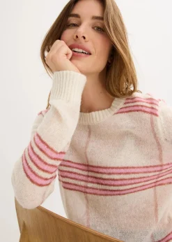 bonprix Bekleidung·Umstandsmode|Bekleidung·Jeans^Locker gestrickter Pullover mit Woll- und Alpaka-Anteil wollweiß kariert