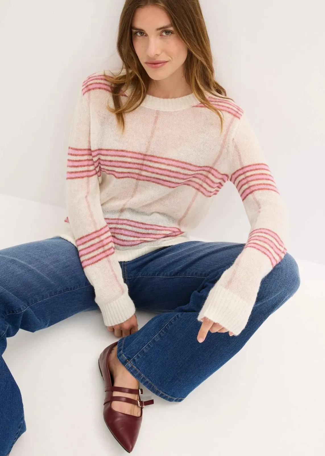 bonprix Bekleidung·Umstandsmode|Bekleidung·Jeans^Locker gestrickter Pullover mit Woll- und Alpaka-Anteil wollweiß kariert
