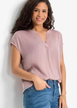 bonprix Nachhaltigere Materialien|Blusen & Tuniken^Lockere Satin-Kurzarmtunika mit überschnittenen Schultern rosenholz