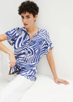 bonprix Blusen & Tuniken|Bekleidung·Jacken & Mäntel^Lockere Tunika aus Viskose weiß/edelsteinblau zebra bedruckt