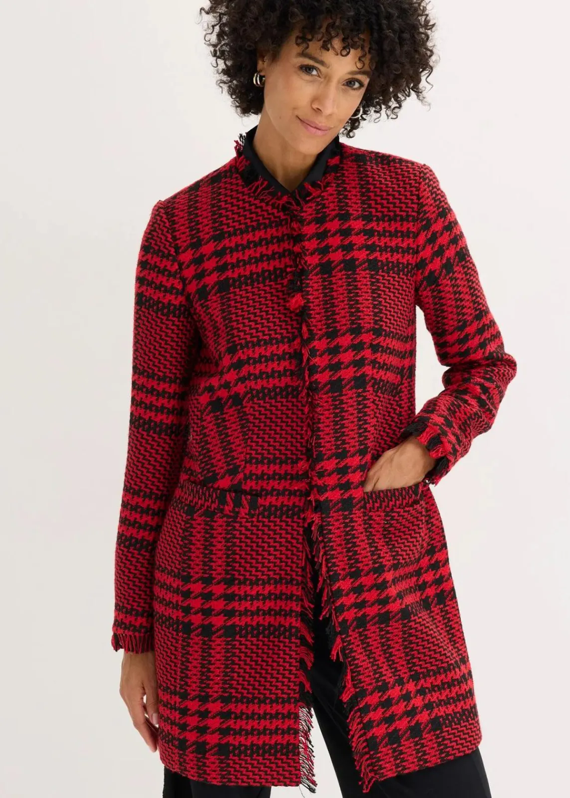 bonprix Bekleidung·Basics|Blazer^Longblazer aus Bouclé tiefrot/schwarz kariert