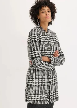 bonprix Blazer|Bekleidung·Basics^Longblazer aus Bouclé schwarz/wollweiß kariert