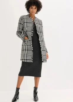 bonprix Blazer|Bekleidung·Basics^Longblazer aus Bouclé schwarz/wollweiß kariert