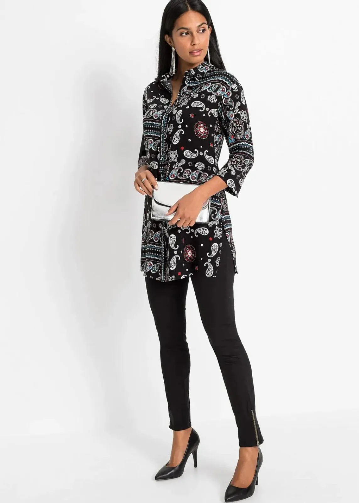 bonprix Blusen & Tuniken|Bekleidung·Jacken & Mäntel^Longbluse schwarz paisley