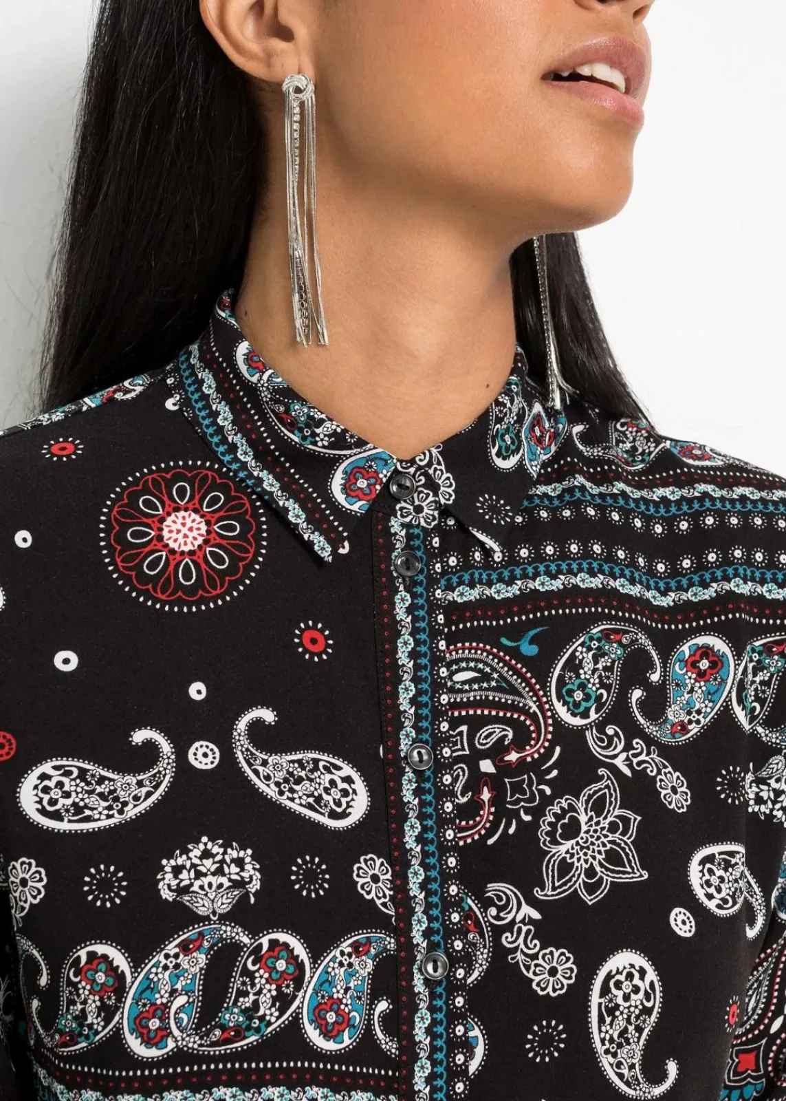 bonprix Blusen & Tuniken|Bekleidung·Jacken & Mäntel^Longbluse schwarz paisley