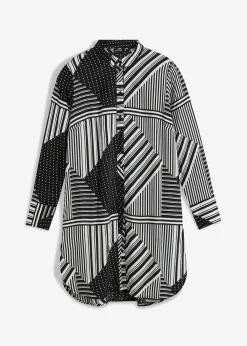 bonprix Bekleidung·Jacken & Mäntel|Blusen & Tuniken^Longbluse schwarz / weiß graphisch bedruckt