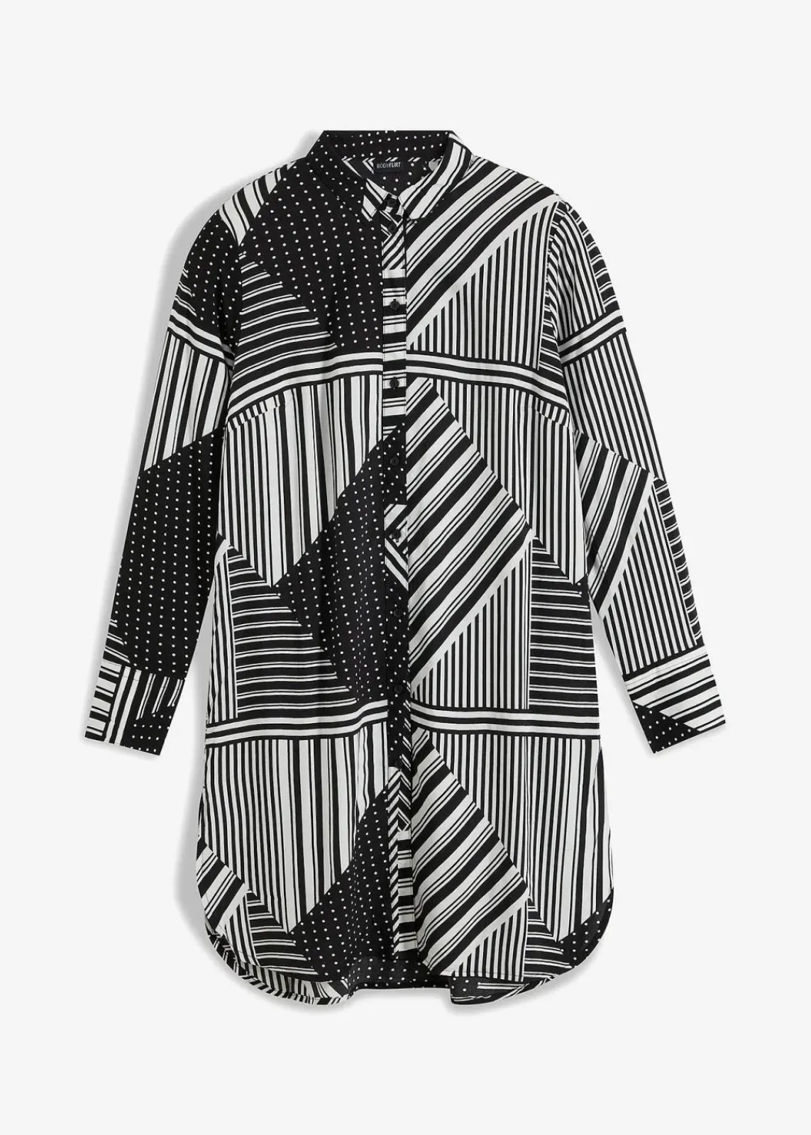 bonprix Bekleidung·Jacken & Mäntel|Blusen & Tuniken^Longbluse schwarz / weiß graphisch bedruckt