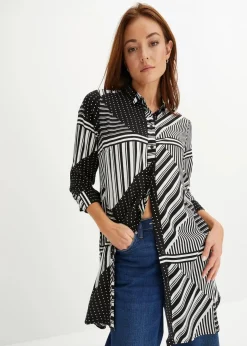 bonprix Bekleidung·Jacken & Mäntel|Blusen & Tuniken^Longbluse schwarz / weiß graphisch bedruckt
