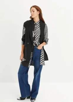 bonprix Bekleidung·Jacken & Mäntel|Blusen & Tuniken^Longbluse schwarz / weiß graphisch bedruckt