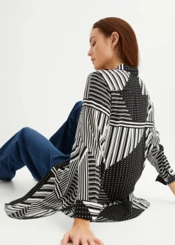 bonprix Bekleidung·Jacken & Mäntel|Blusen & Tuniken^Longbluse schwarz / weiß graphisch bedruckt