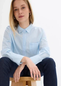 bonprix Blusen & Tuniken|Bekleidung·Jacken & Mäntel^Longbluse aus reiner Baumwolle eisblau/weiß gestreift