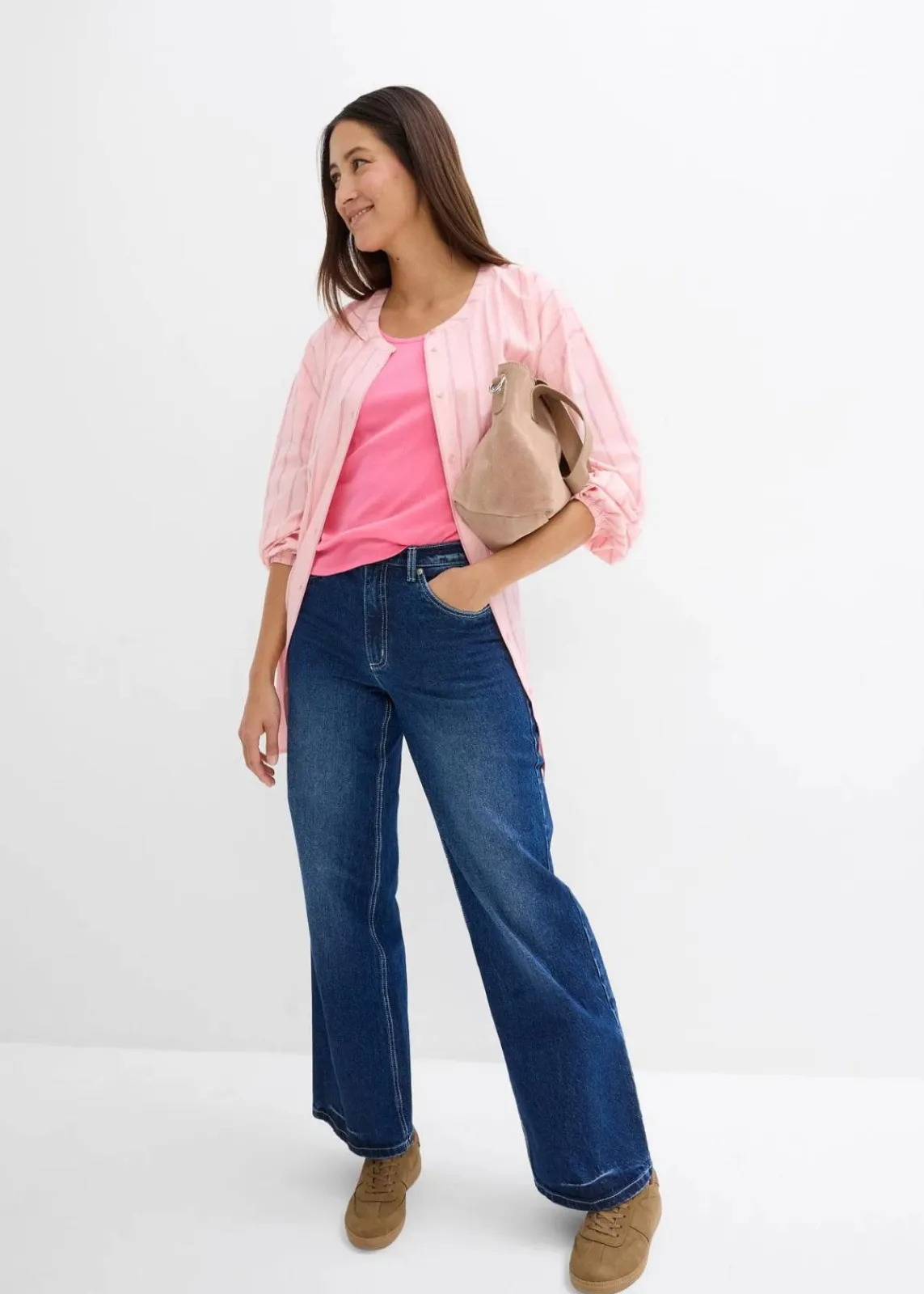bonprix Bekleidung·Jacken & Mäntel|Blusen & Tuniken^Longbluse aus Baumwollpopeline rosenquarz längs gestreift