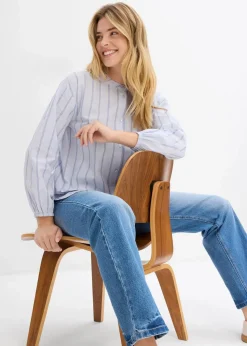 bonprix Blusen & Tuniken|Bekleidung·Jacken & Mäntel^Longbluse aus Baumwollpopeline zartblau längs gestreift