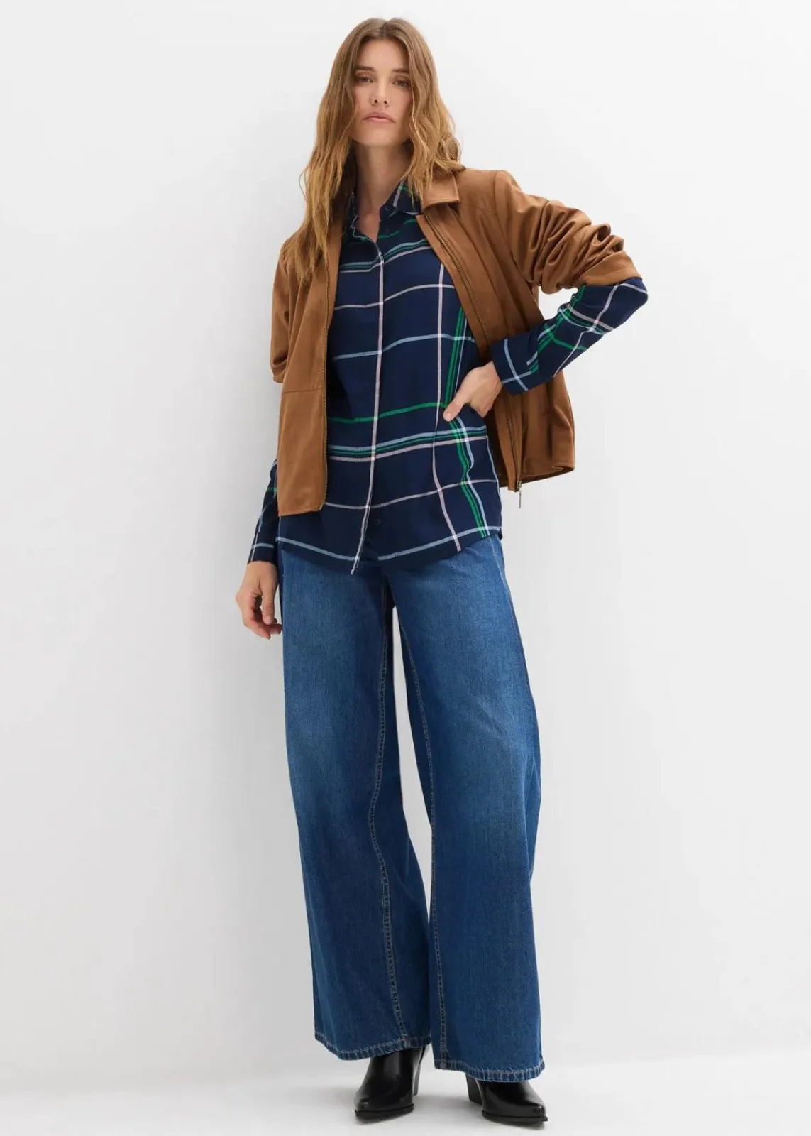 bonprix Bekleidung·Jacken & Mäntel|Blusen & Tuniken^Longbluse aus fließender Viskose dunkelblau kariert