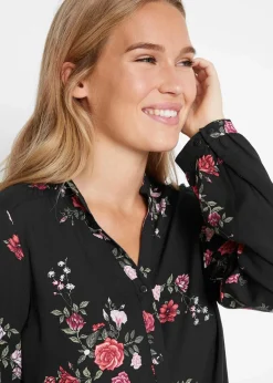 bonprix Bekleidung·Jacken & Mäntel|Nachhaltigere Materialien^Longbluse aus fließender Viskose schwarz geblümt