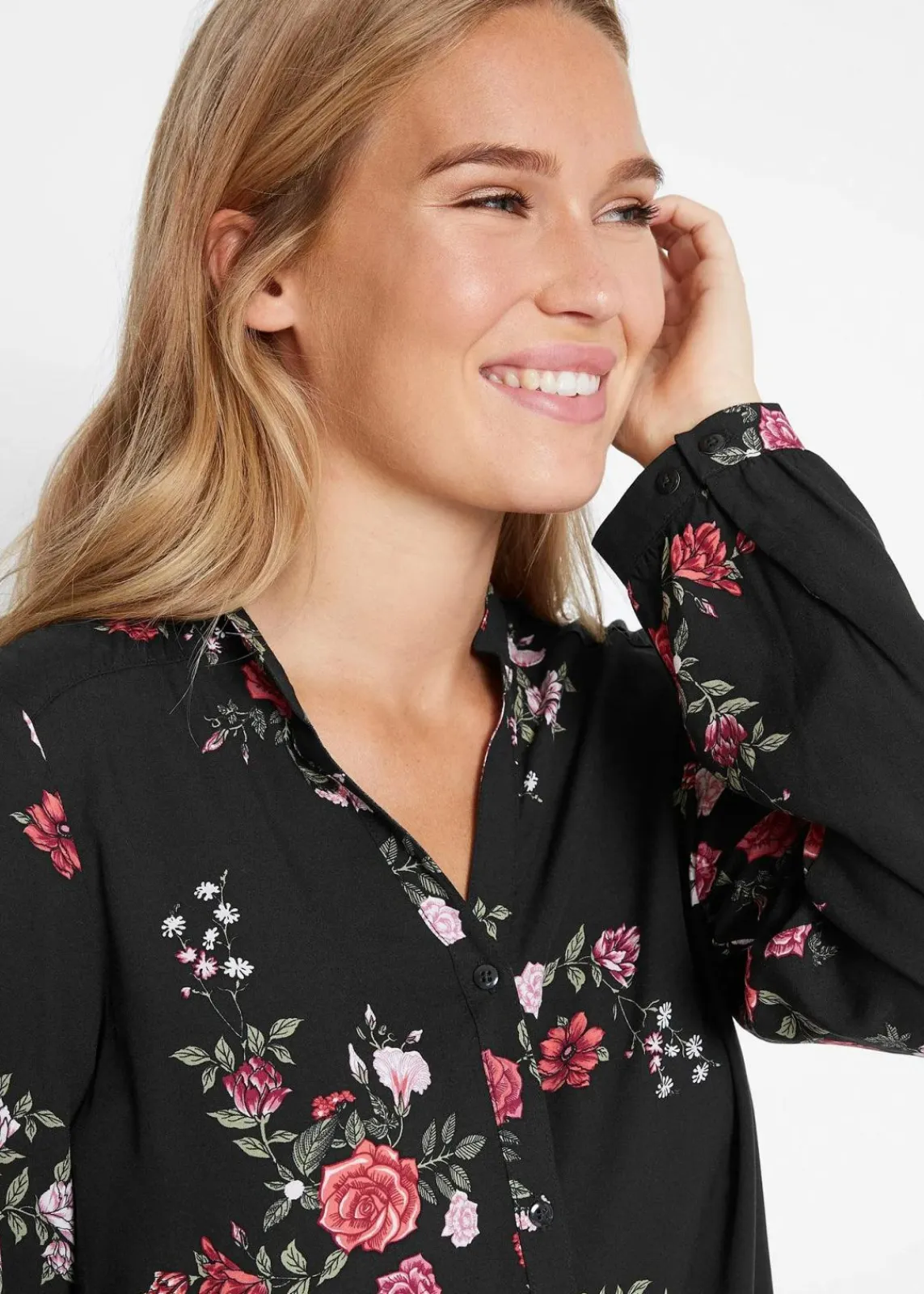 bonprix Bekleidung·Jacken & Mäntel|Nachhaltigere Materialien^Longbluse aus fließender Viskose schwarz geblümt