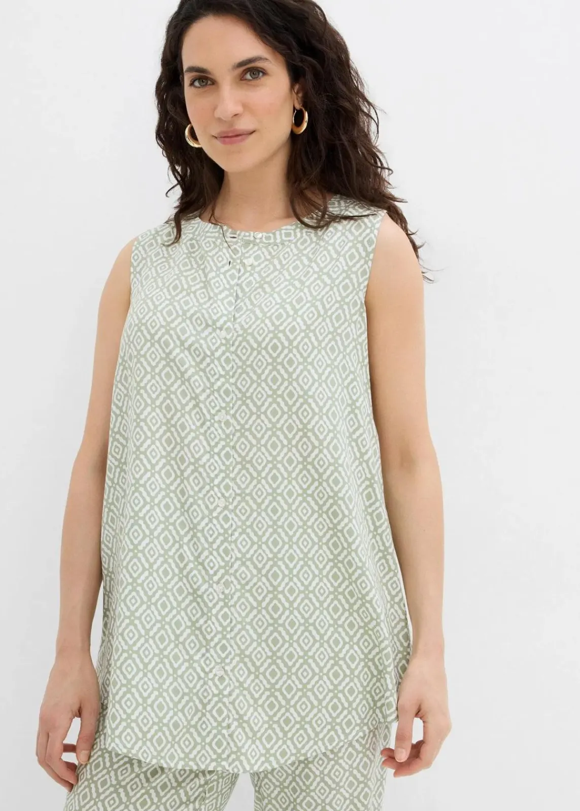 bonprix Blusen & Tuniken|Zweiteiler & Sets^Longbluse aus softer Viskose seegras/wollweiß bedruckt