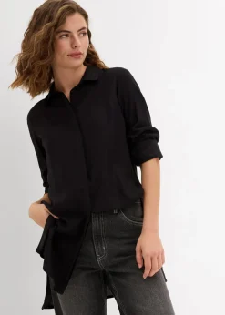 bonprix Bekleidung·Jacken & Mäntel|Nachhaltigere Materialien^Longbluse mit Schlitz aus fließender Viskose schwarz