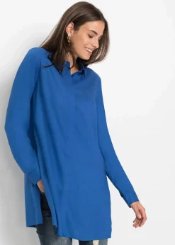 bonprix Blusen & Tuniken|Nachhaltigere Materialien^Longbluse mit Schlitz aus fließender Viskose arktikblau