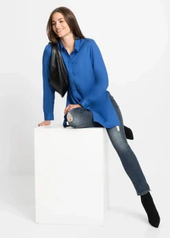 bonprix Blusen & Tuniken|Nachhaltigere Materialien^Longbluse mit Schlitz aus fließender Viskose arktikblau