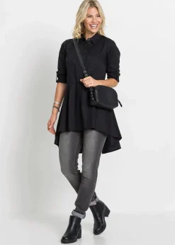 bonprix Bekleidung·Jacken & Mäntel|Blusen & Tuniken^Longbluse mit Volant schwarz